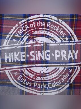 YMCA of the Rockies Estes Park Plaid Button Up Shirt Medium Hike Sing Pray